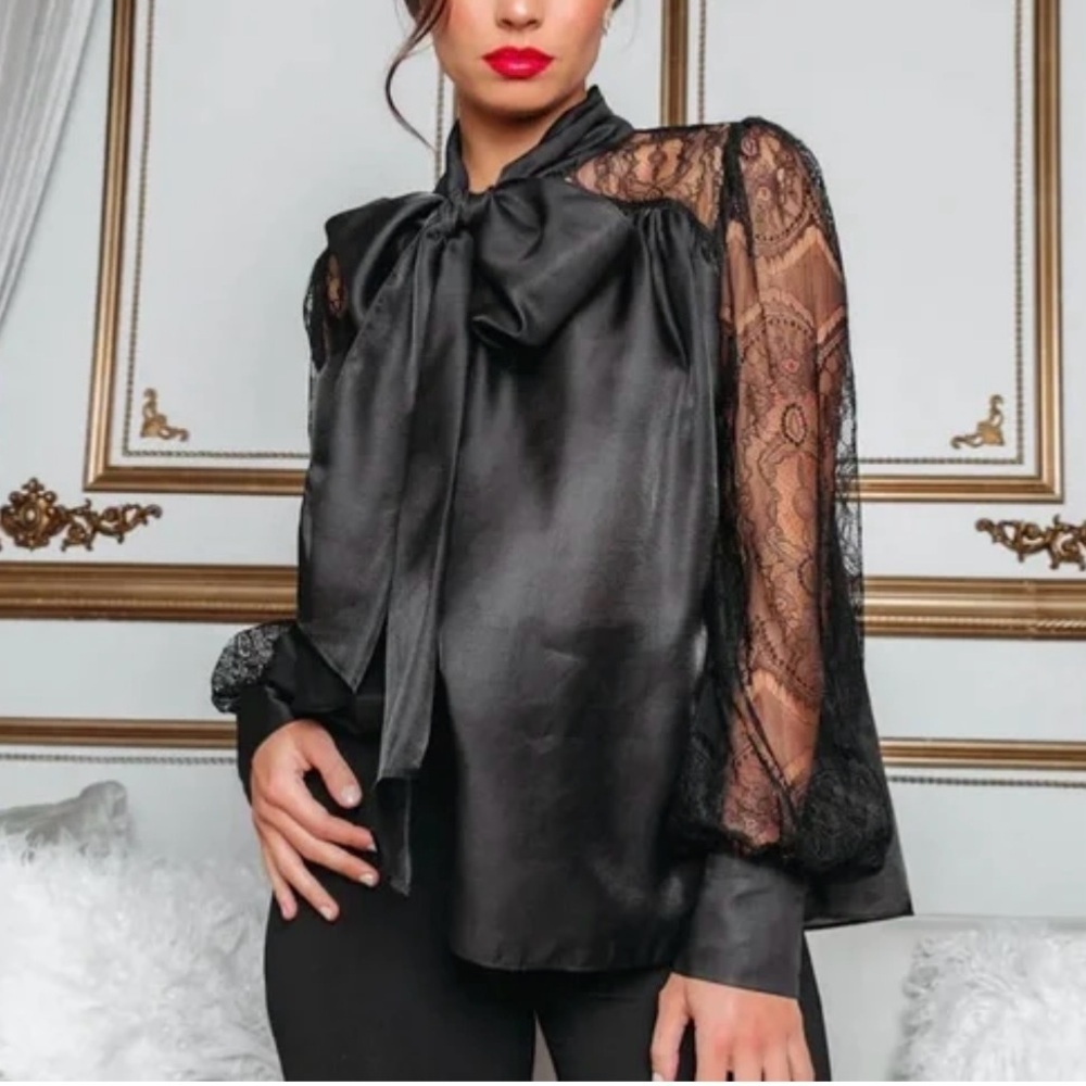 Endless Rose Women Black Satin Lace Blouse XS Grunge Whimsigoth Y2K Chic Trendy‎